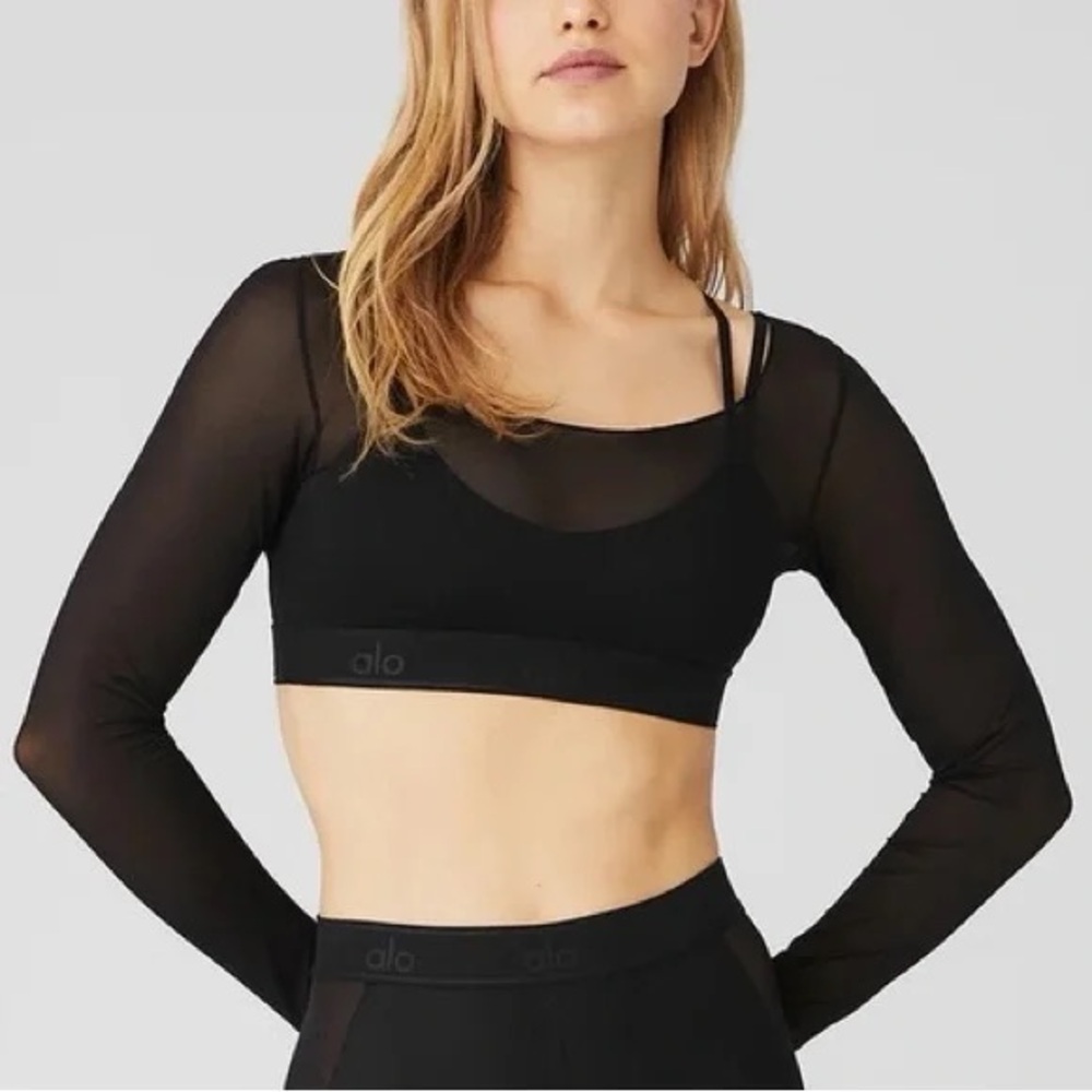 ALO Yoga Black Sheer Long Sleeve Crop Top